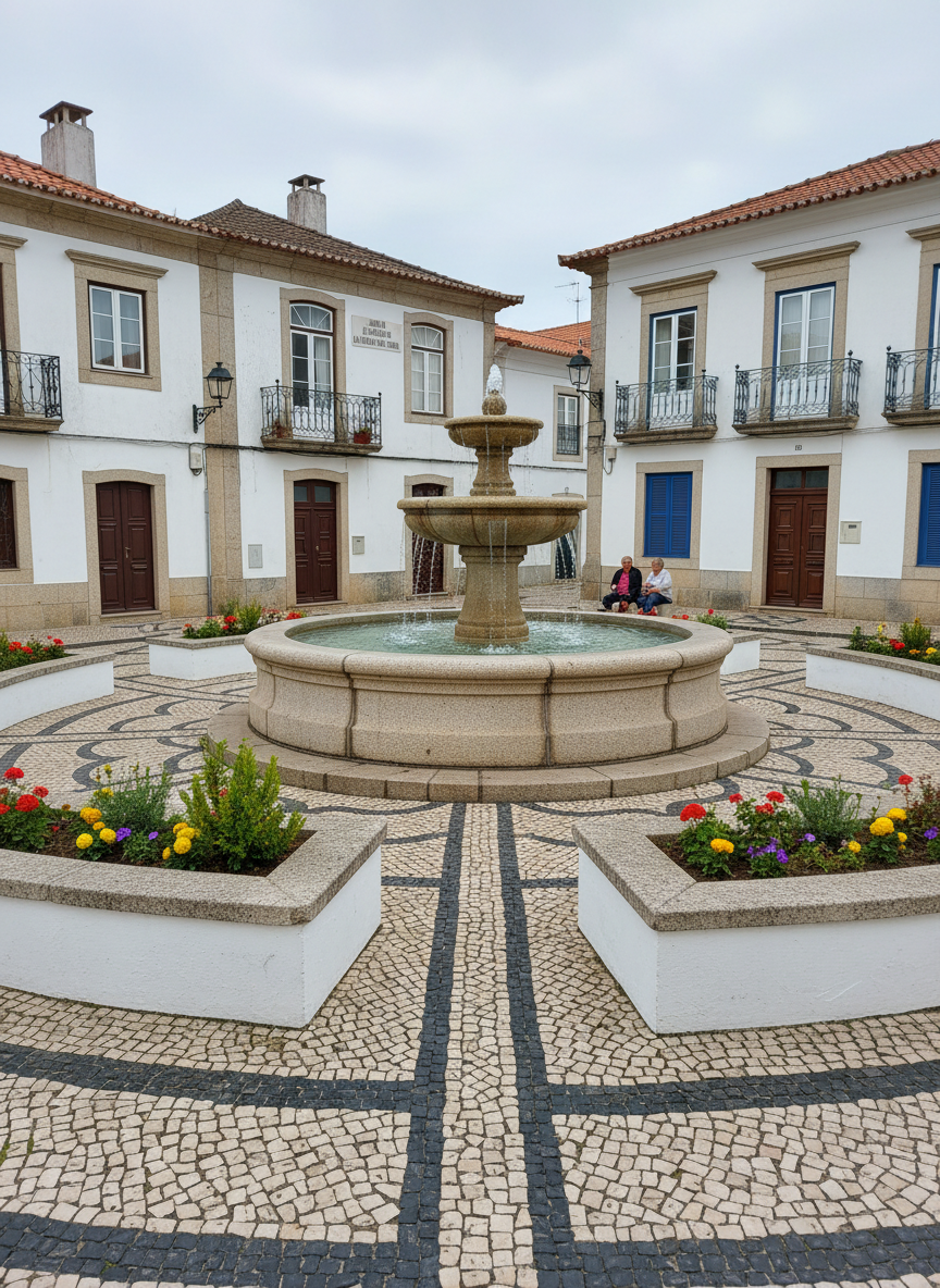 A carefully maintained community square representing São Francisco da Serra, featuring a central stone fountain with clear water, surrounded by low whitewashed benches and planters filled with native shrubs and seasonal flowers. Traditional Portuguese cobblestone pavement forms geometric patterns leading toward the fountain. The surrounding buildings show modest, well-preserved façades with wooden doors and small balconies. Soft overcast daylight provides even, neutral illumination, reducing harsh shadows and emphasizing textures of stone and plaster. The atmosphere is welcoming yet institutional, suggesting a civic space where residents interact and local government initiatives take shape. Photographic realism, eye-level composition with the fountain centered, and strong depth of field to keep all architectural and landscape details clearly visible.