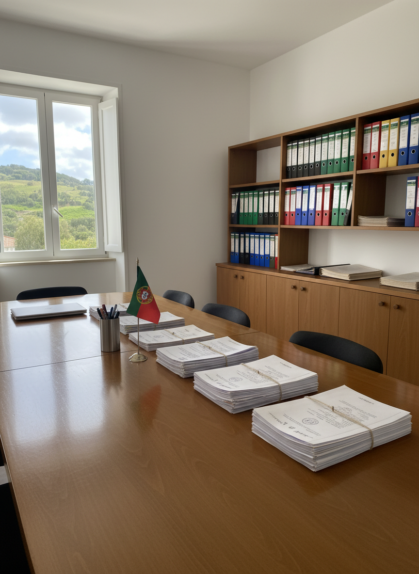 A polished wooden meeting table inside the Junta de Freguesia de São Francisco da Serra, with neatly arranged official documents, a closed laptop, a simple metal pen holder, and a small Portuguese flag on a discreet stand. The room features white walls, a large window overlooking a green hillside, and built-in wooden cabinets with organized binders. Soft diffused daylight enters from the side, creating mild reflections on the table’s varnished surface and subtle shadows behind the objects. The atmosphere is professional and orderly, suggesting transparent local administration. Photographic realism, shot from a slightly elevated angle along the table’s length, with a moderate depth of field that keeps all administrative elements crisp while lightly softening the view beyond the window.