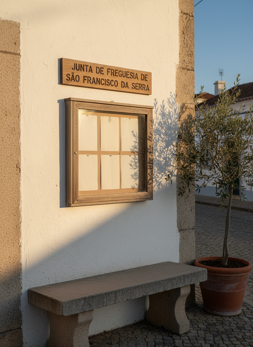 A small, traditional parish notice area outside the Junta de Freguesia de São Francisco da Serra, featuring a glass-covered bulletin board mounted on a white masonry wall, with neatly arranged, text-free sheets of neutral-colored paper suggesting official announcements. Below, a simple stone bench is placed against the wall, next to a potted olive tree in a terracotta container. Late afternoon sunlight creates a warm, diagonal wash over the wall, with soft shadows from the tree’s leaves adding delicate patterns. The scene feels organized, transparent, and accessible, evoking civic communication. Photographic realism, captured in a tight, frontal composition with the board slightly off-center, and a shallow-to-moderate depth of field that keeps the institutional details sharp while gently softening the background street elements.